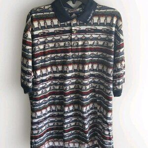 Tabasco Polo Shirt Large Vintage All-Over Print Bottle Fish Crab Shrimp Pepper